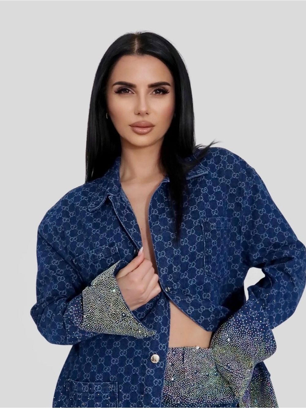 Gucci Blue GG Denim oversized Jacket with Crystal-Embellished Cuffs